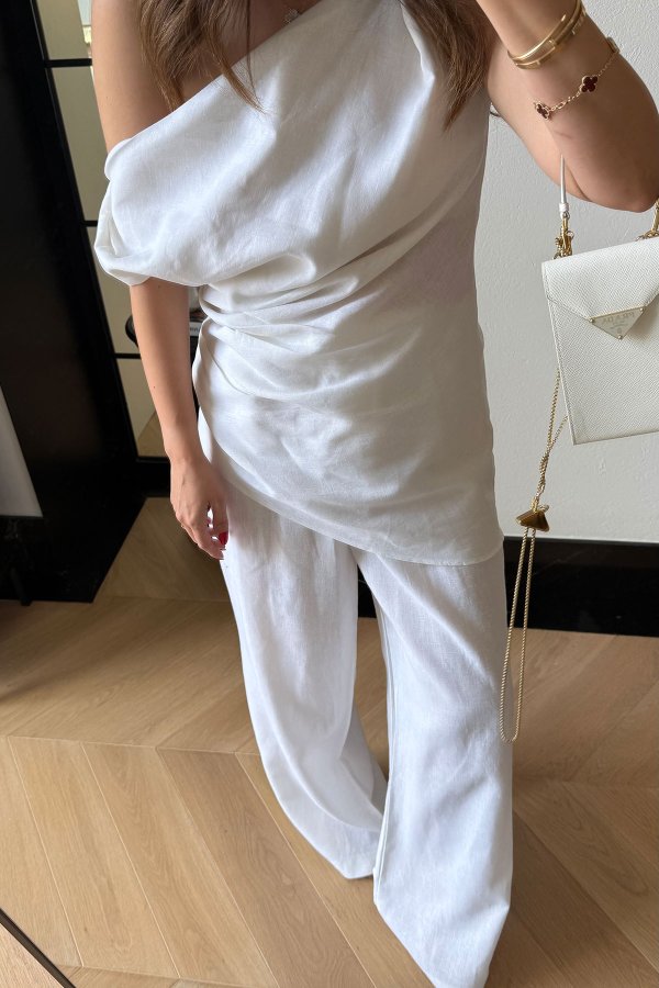 %100 Keten Kolsuz Bluz Pantolon Takım