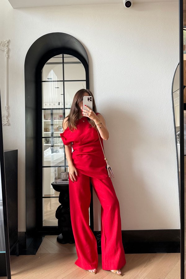 %100 Keten Kolsuz Bluz Pantolon Takım