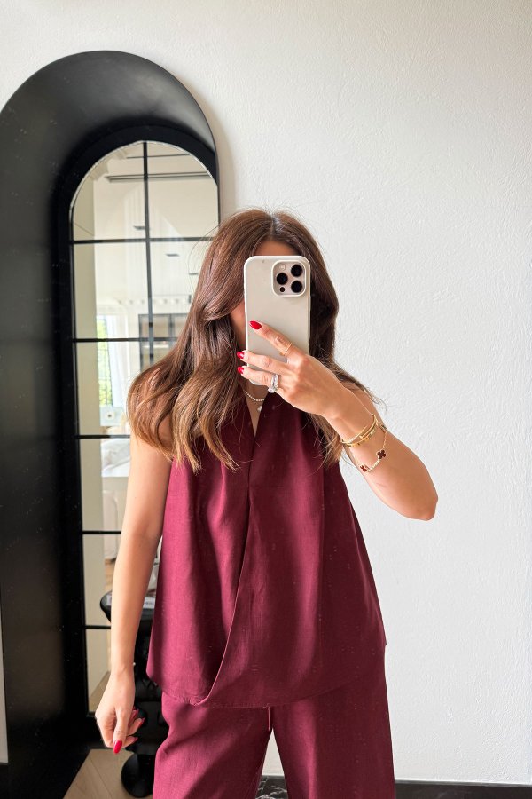 %100 Keten Bluz Pantolon Takım