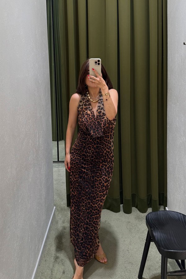 Leopar Desen Degaje Yaka Elbise