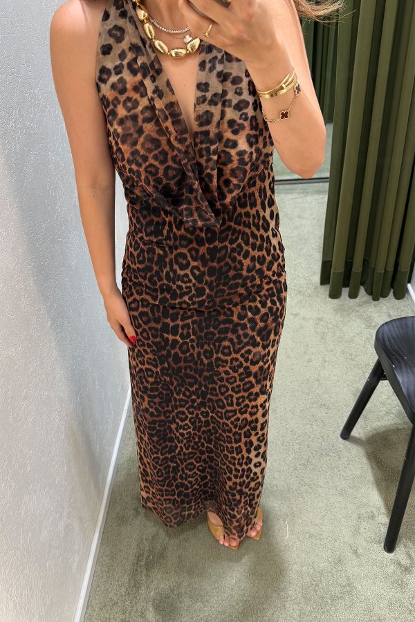 Leopar Desen Degaje Yaka Elbise
