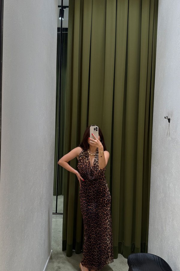 Leopar Desen Degaje Yaka Elbise