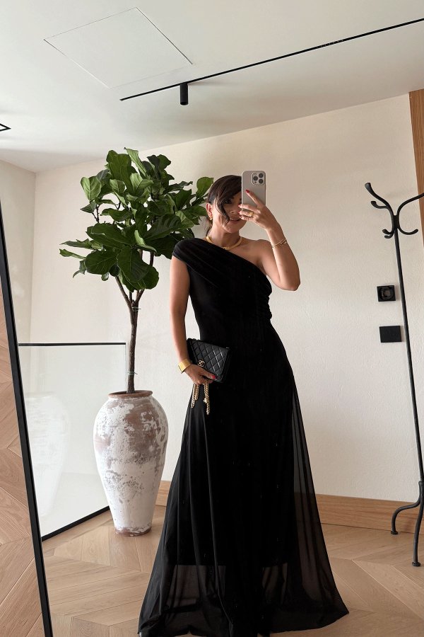 Tek Omuz Drape Yaka Elbise