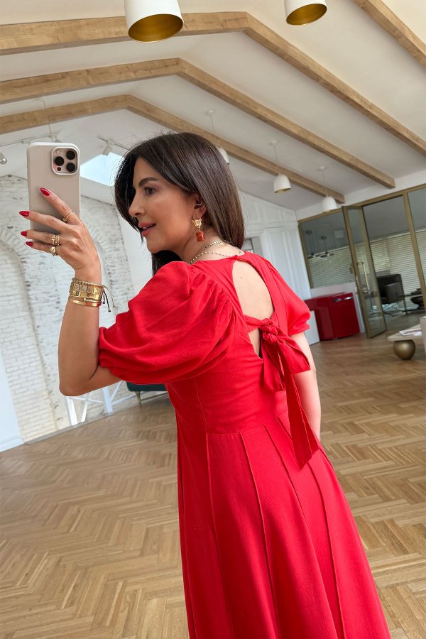Sırtı Bağcıklı Karpuz Kol Uzun Elbise