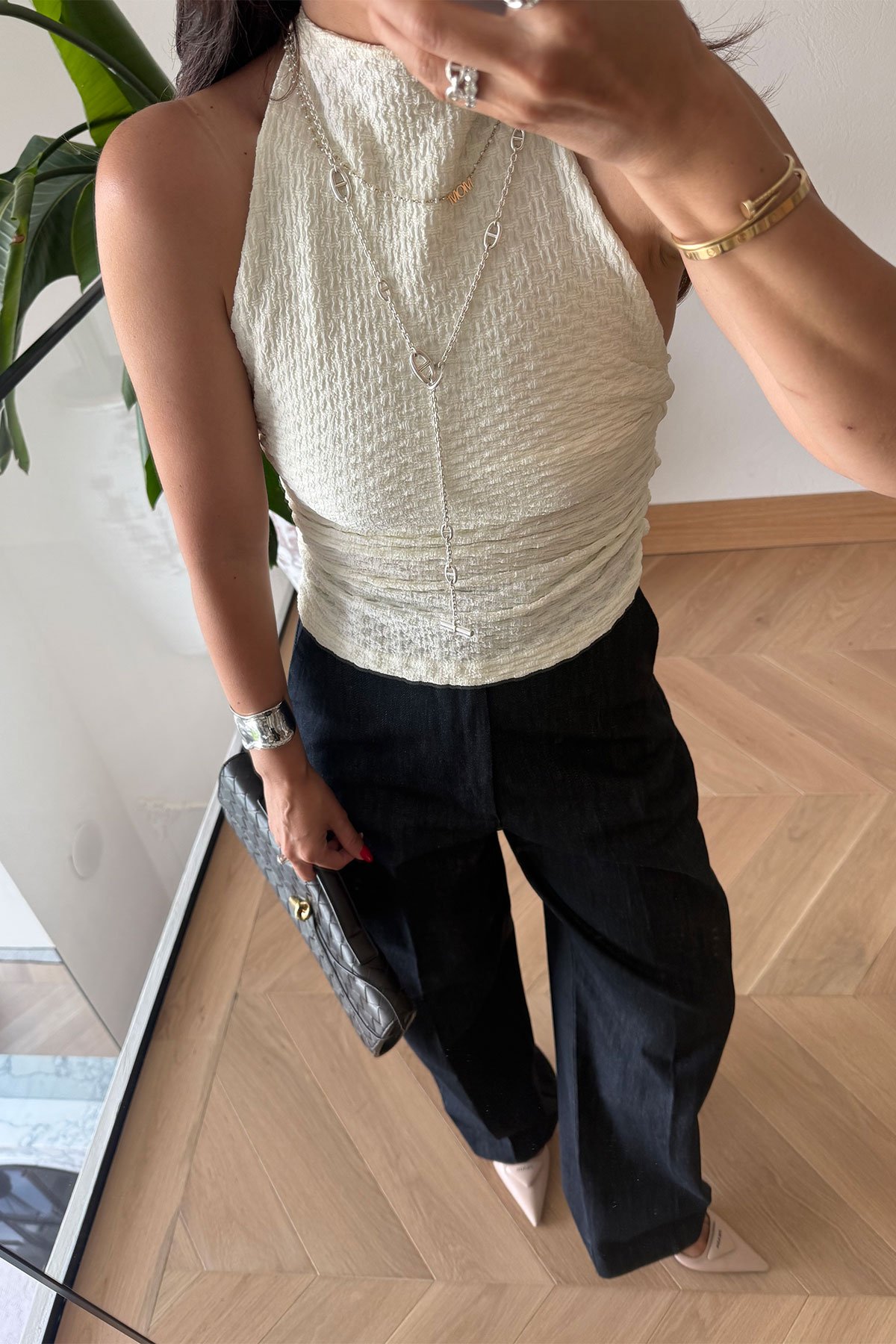 Sırt Dekolteli Dokulu Bluz