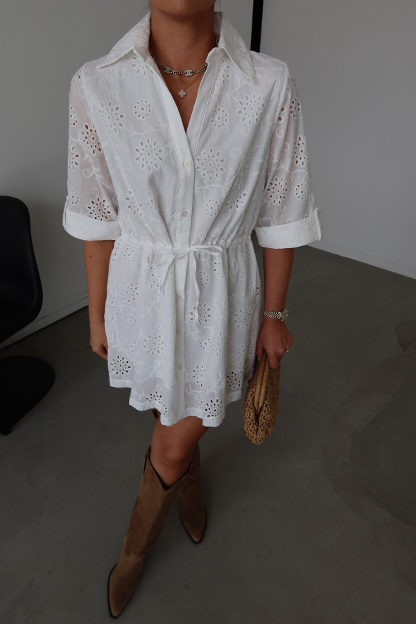 Duble Kol Güpürlü Gömlek Elbise