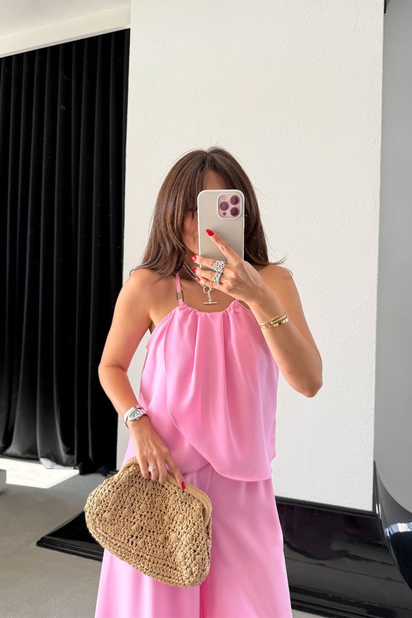İp Askılı Aksesuar Detaylı Bluz Pantolon Takım