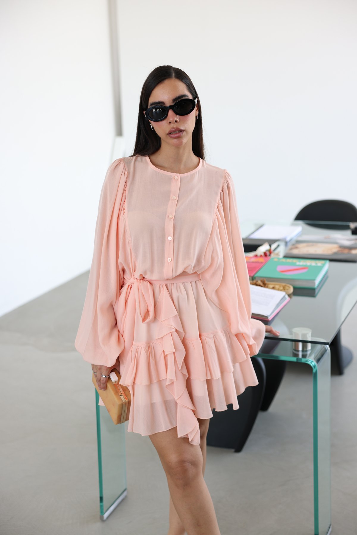 Eteği Fırfırlı Geniş Kol Elbise