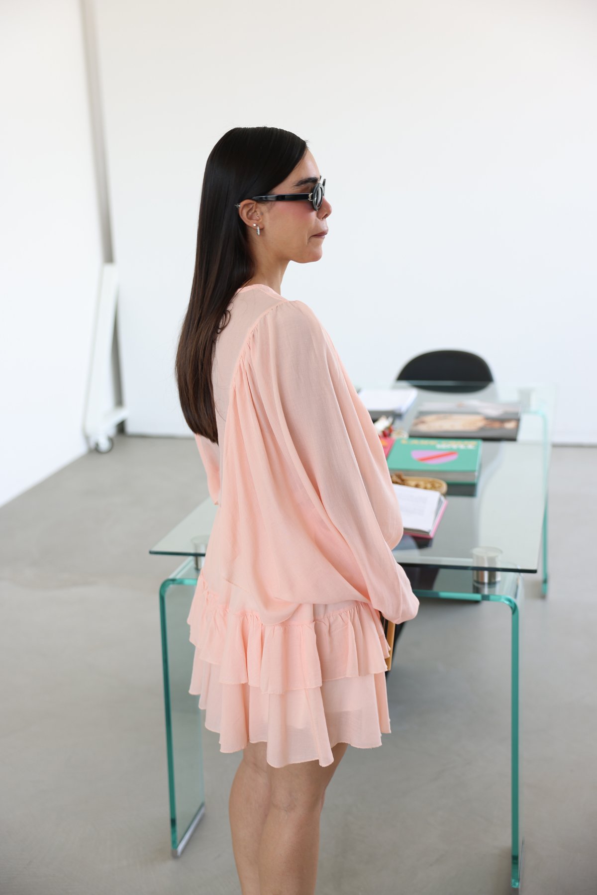 Eteği Fırfırlı Geniş Kol Elbise