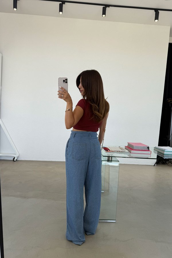 Kendinden Kuşaklı Geniş Paça Jean