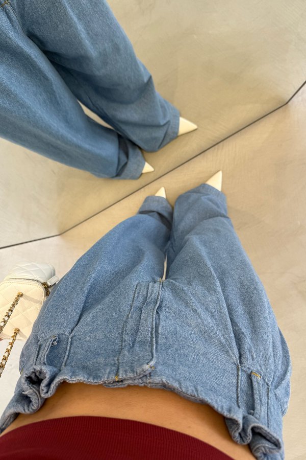 Kendinden Kuşaklı Geniş Paça Jean