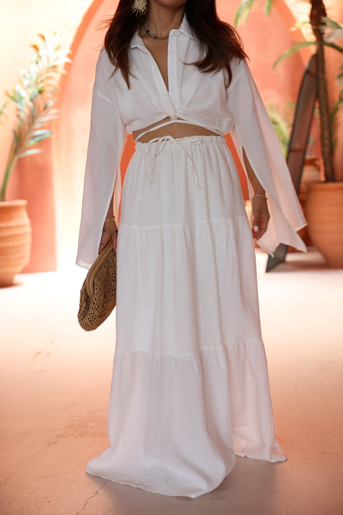 Kolu Yırtmaçlı Crop Gömlek Etek Takım