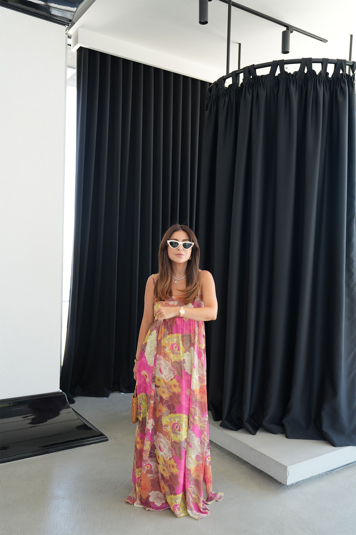 İnce Askılı Çiçek Baskılı Tül Elbise