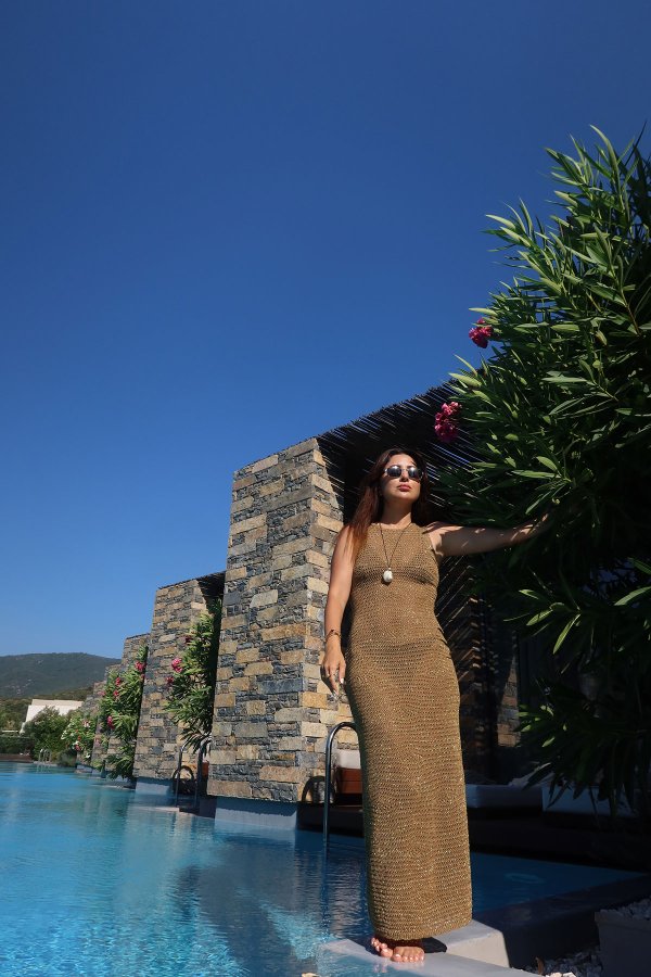 Askılı Simli Uzun Elbise