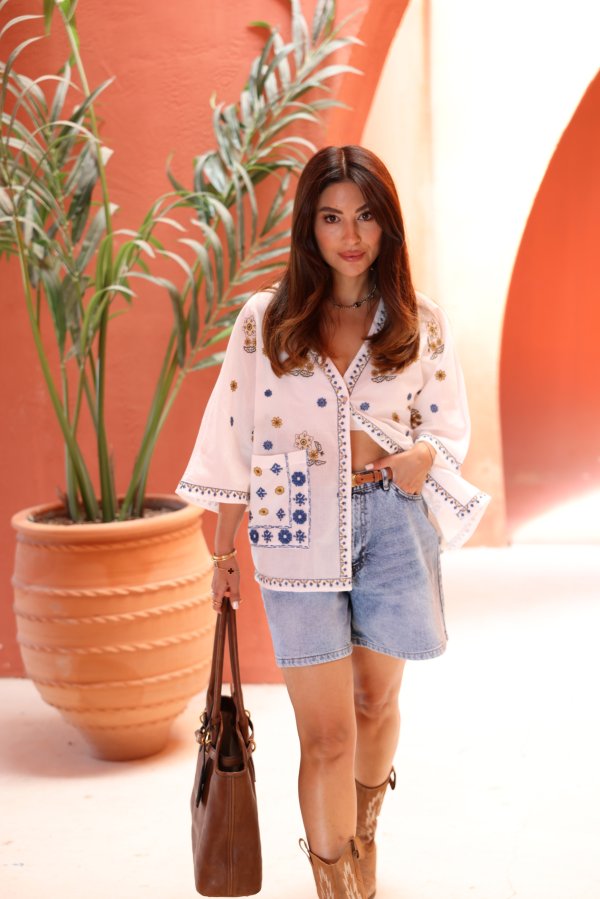 Nakışlı Cepli Oversize Gömlek