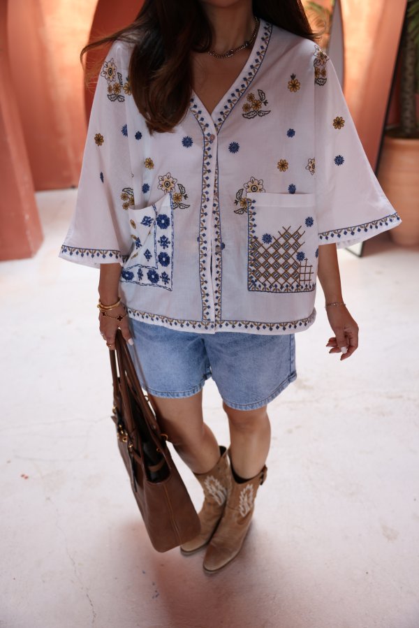Nakışlı Cepli Oversize Gömlek
