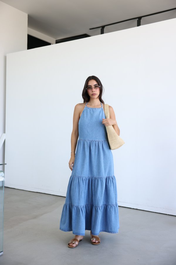 Boyundan Bağlamalı Denim Elbise