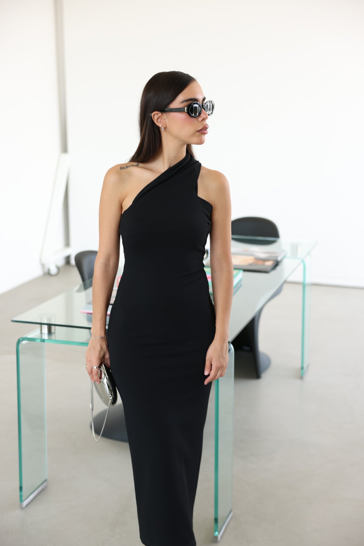 Tek Omuz Midi Boy Elbise