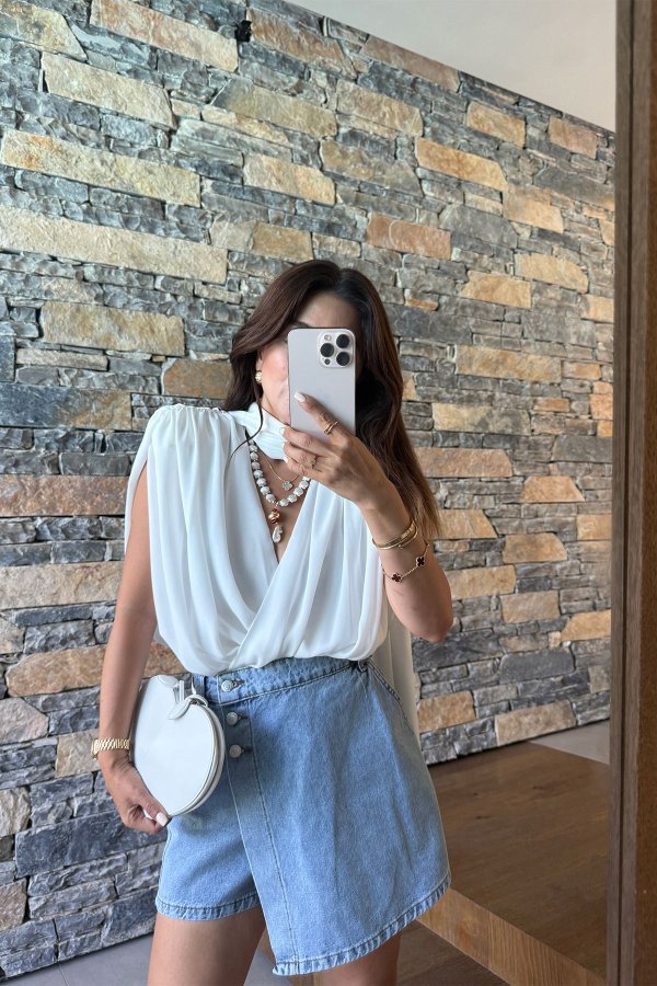 Düğme Detaylı Denim Şort Etek