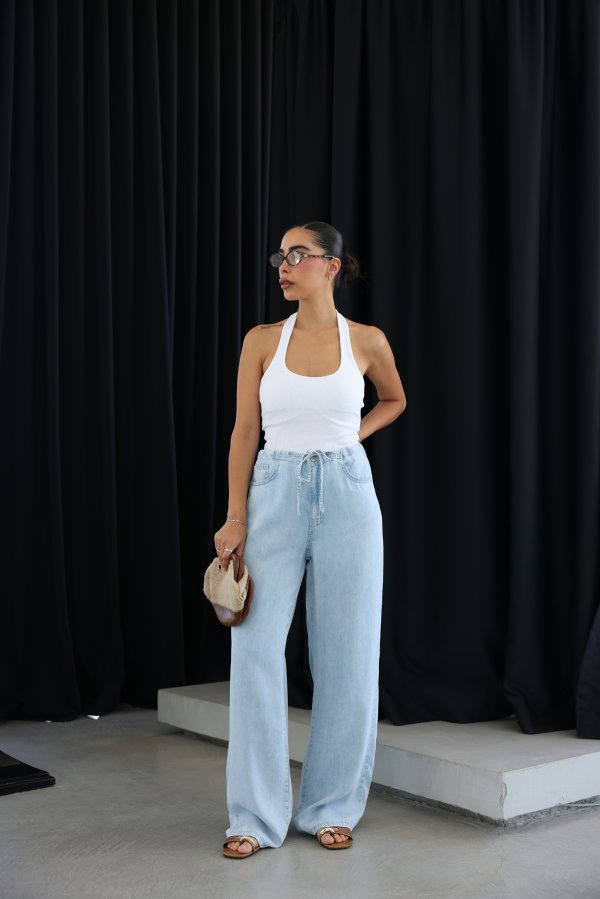 Beli Lastikli ve Bağcıklı İnce Denim Pantolon