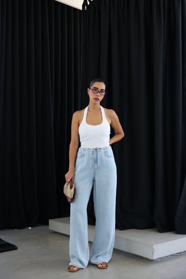 Beli Lastikli ve Bağcıklı İnce Denim Pantolon