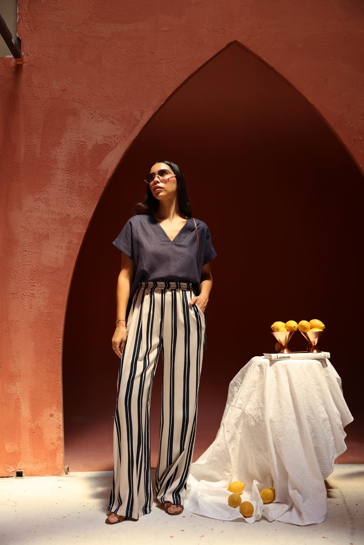 Beli Lastikli Çizgili Pantolon