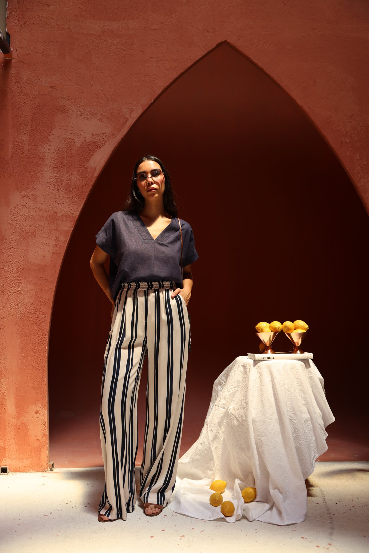 Beli Lastikli Çizgili Pantolon