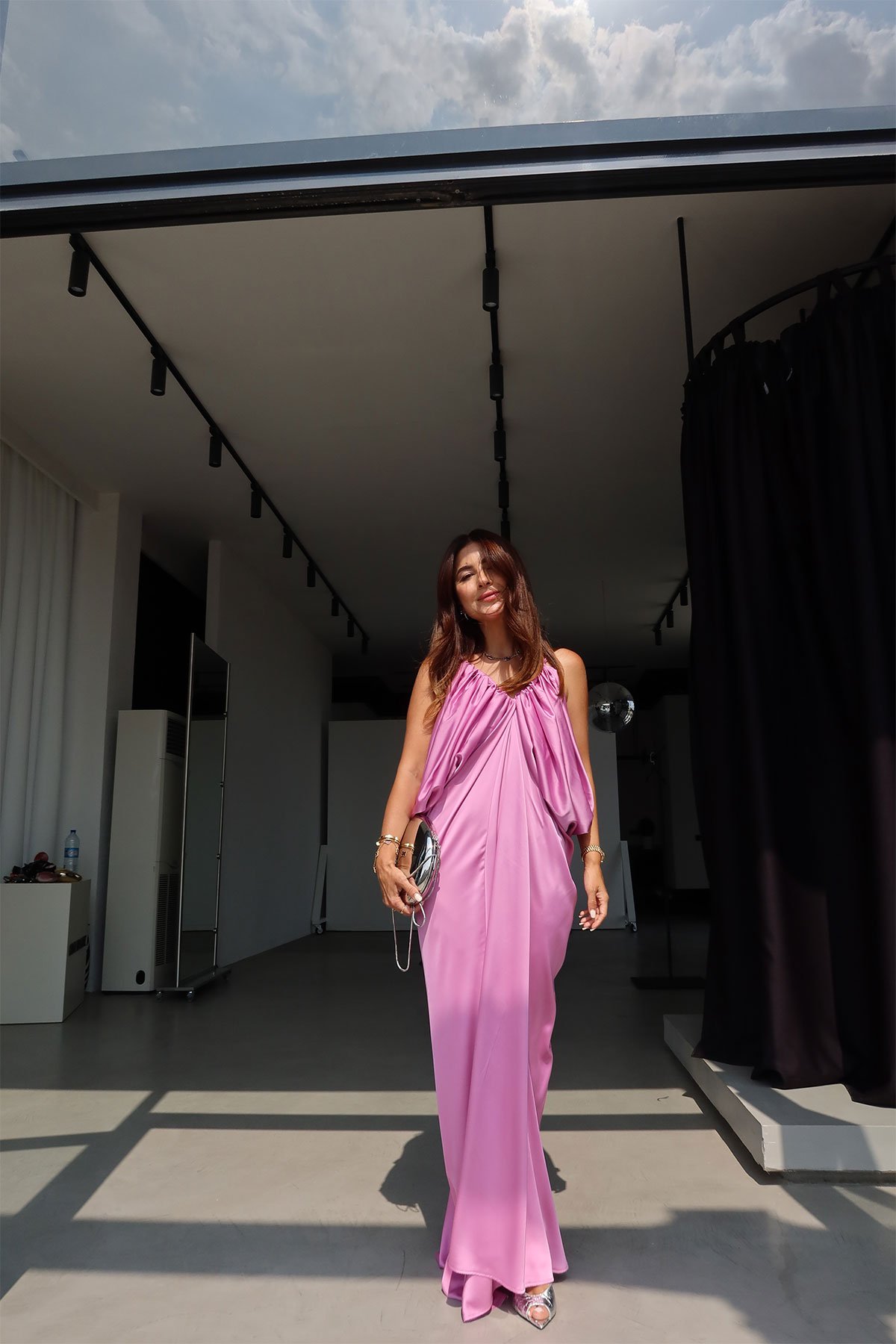 Ön Arka V Uzun Saten Elbise