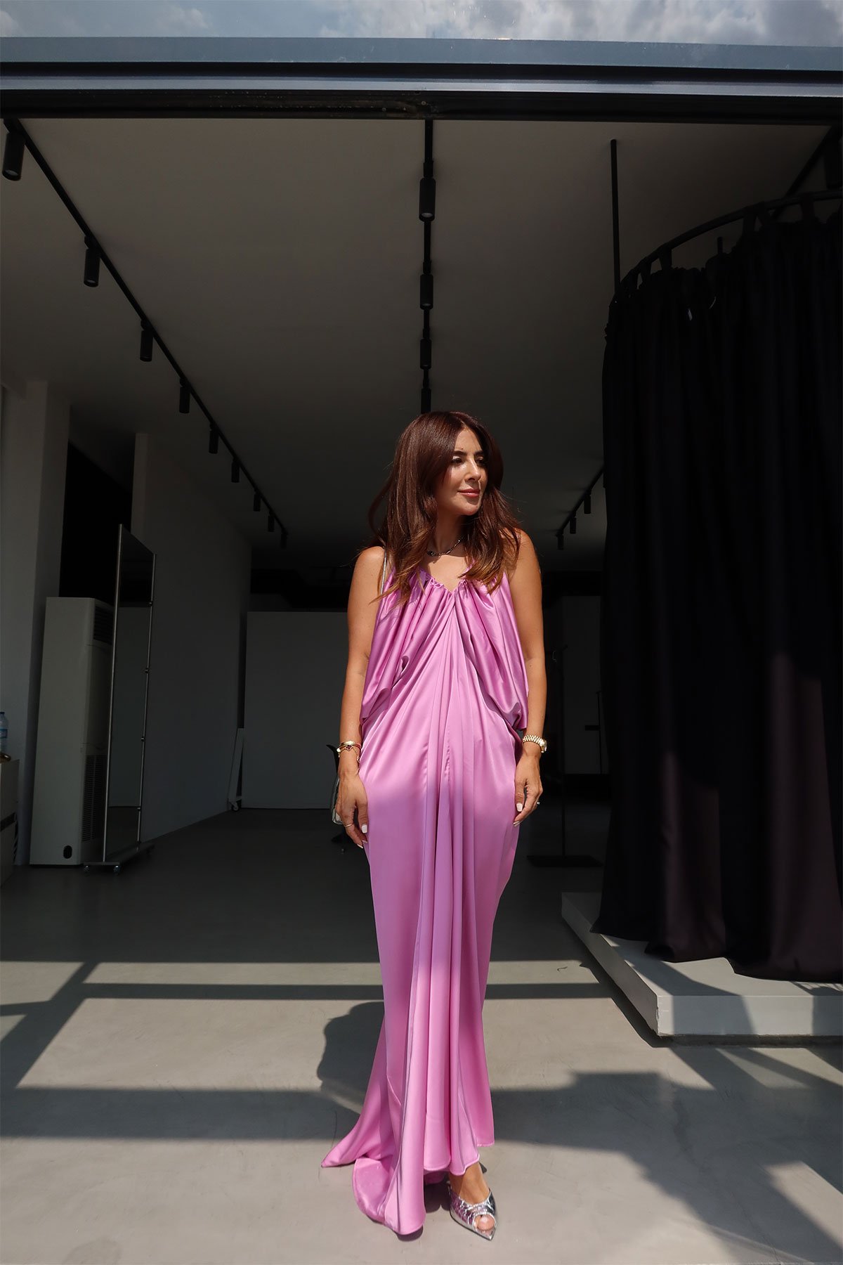 Ön Arka V Uzun Saten Elbise