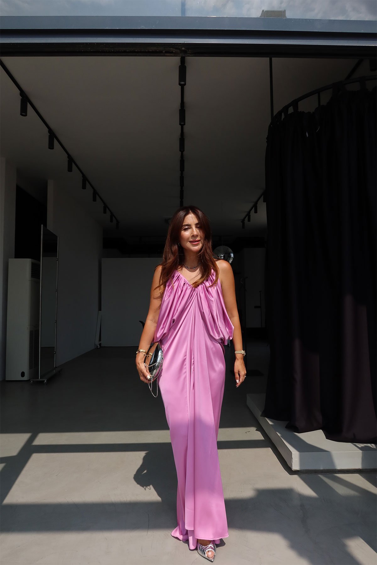 Ön Arka V Uzun Saten Elbise