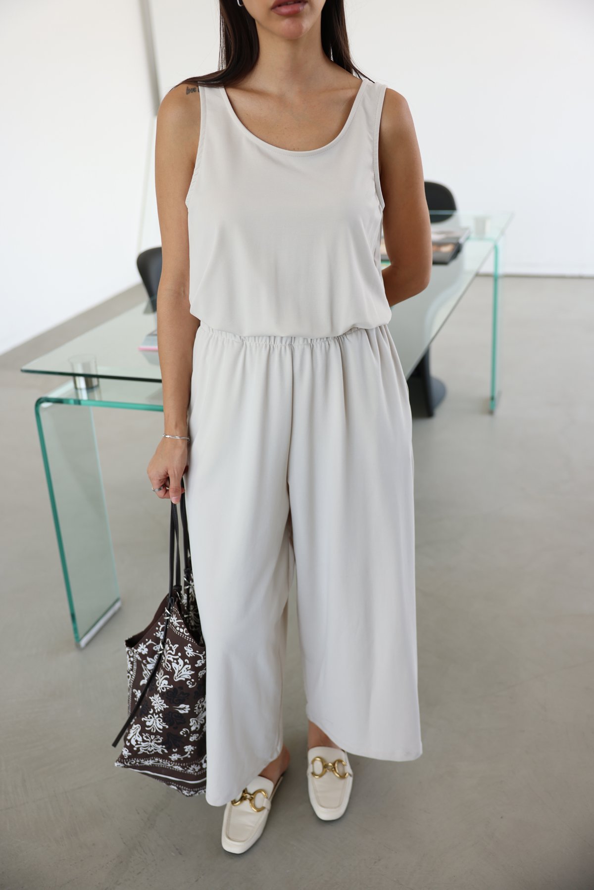 Kalın Askılı Beli Lastikli Modal Tulum