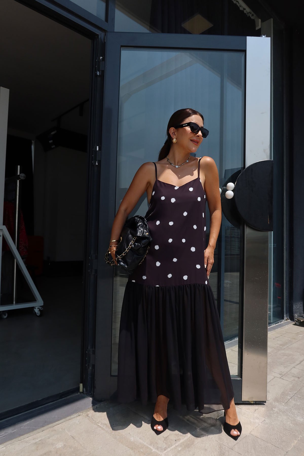 İnce Askılı Puantiyeli Elbise