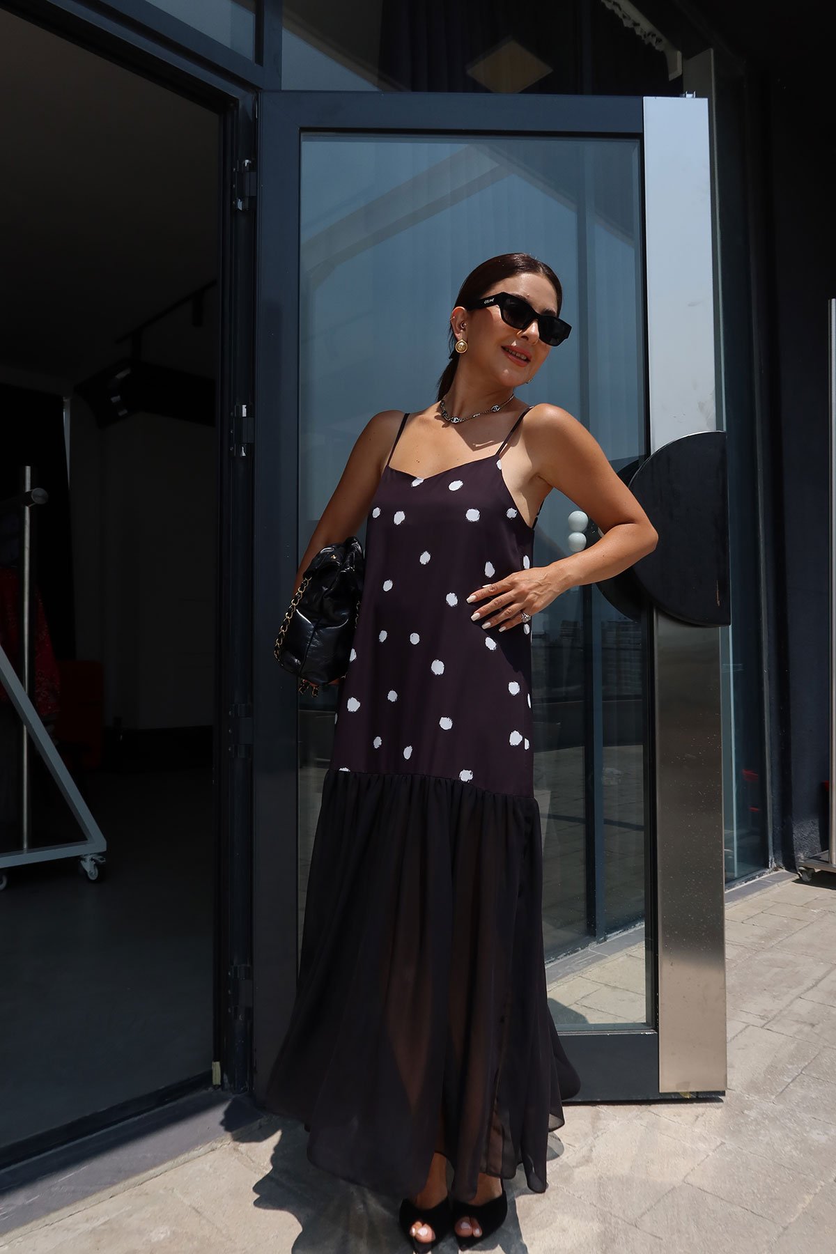 İnce Askılı Puantiyeli Elbise