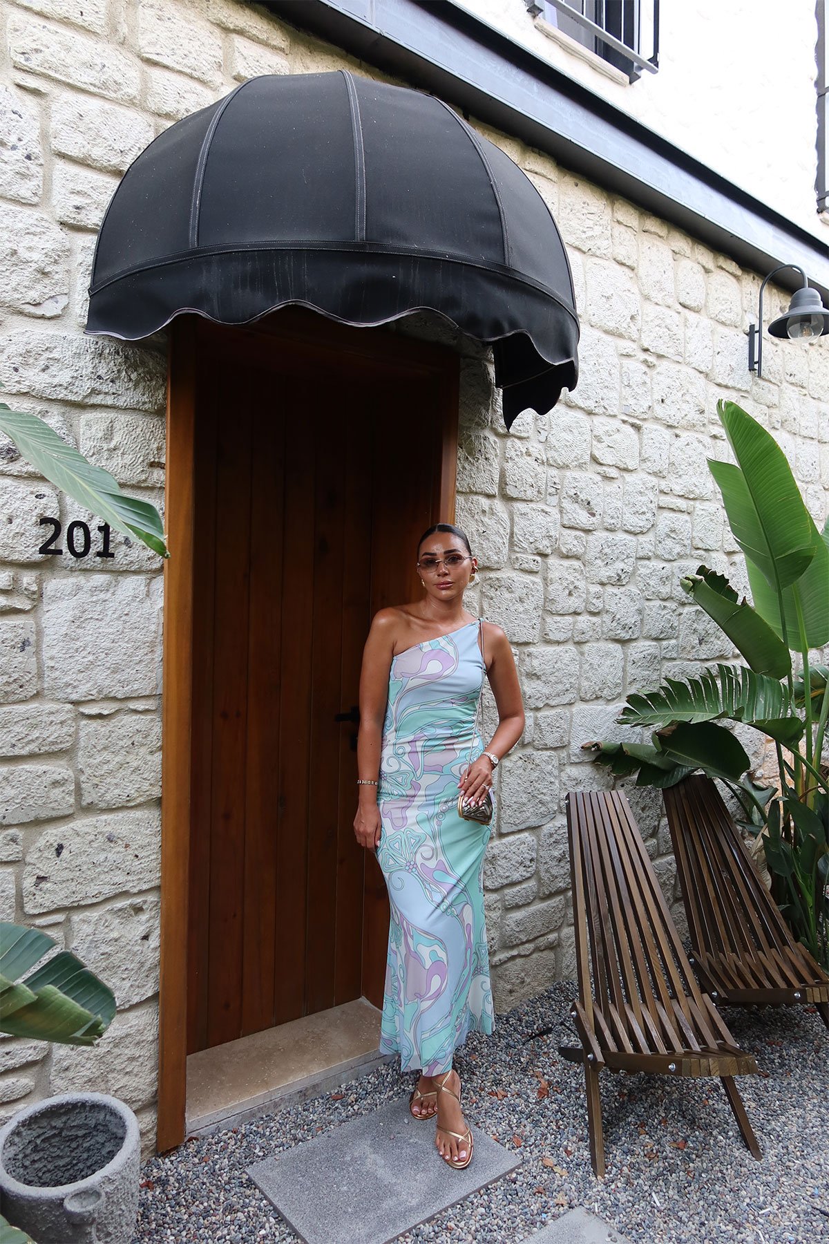 Karışık Desenli Tek Omuz Elbise