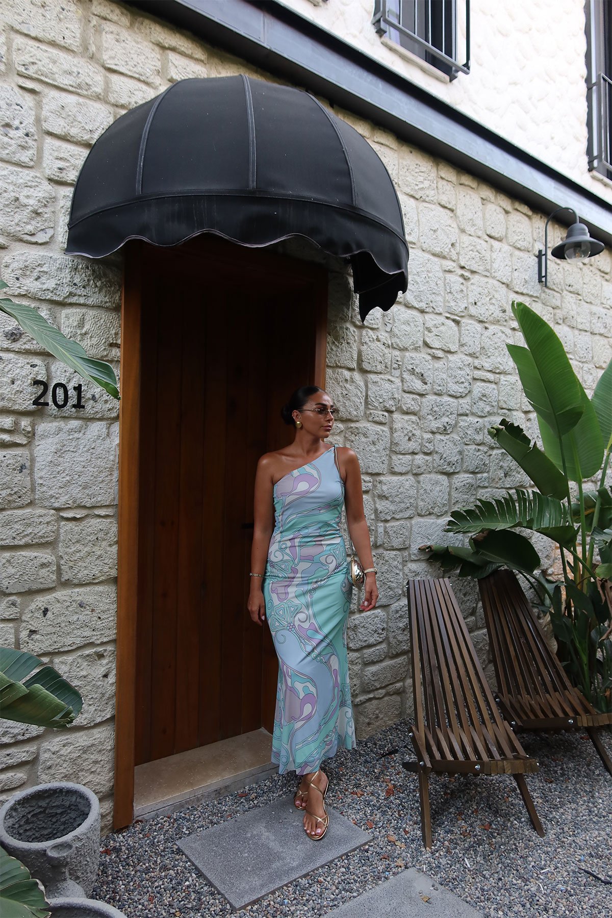 Karışık Desenli Tek Omuz Elbise