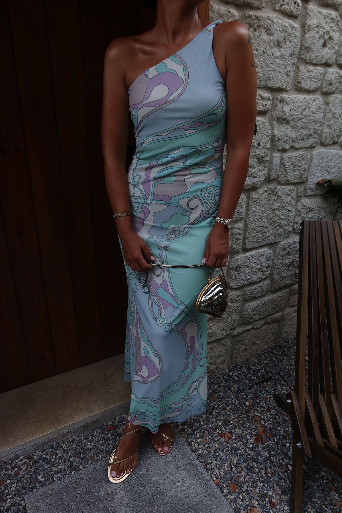 Karışık Desenli Tek Omuz Elbise