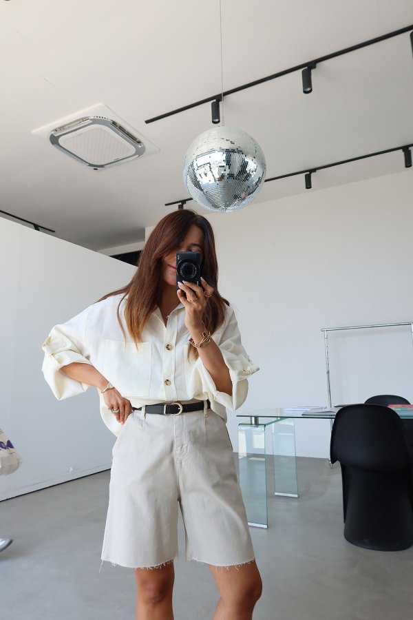 %100 Keten Oversize Kolları Kemer Detaylı Gömlek