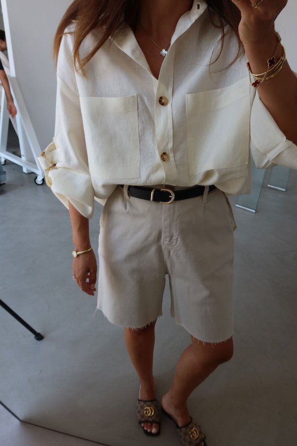 %100 Keten Oversize Kolları Kemer Detaylı Gömlek