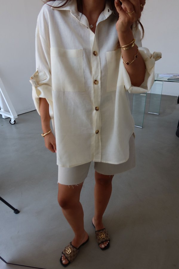 %100 Keten Oversize Kolları Kemer Detaylı Gömlek