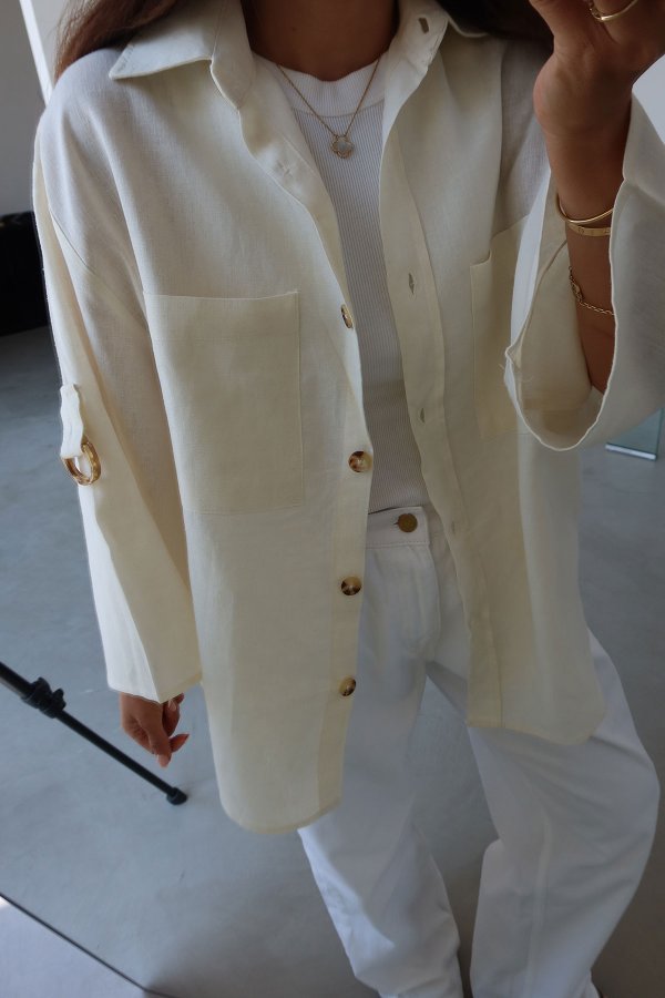 %100 Keten Oversize Kolları Kemer Detaylı Gömlek