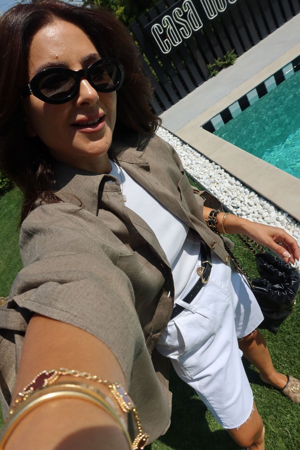 %100 Keten Oversize Kolları Kemer Detaylı Gömlek