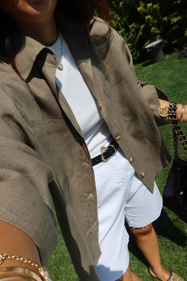 %100 Keten Oversize Kolları Kemer Detaylı Gömlek