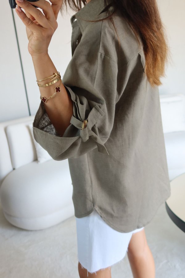 %100 Keten Oversize Kolları Kemer Detaylı Gömlek