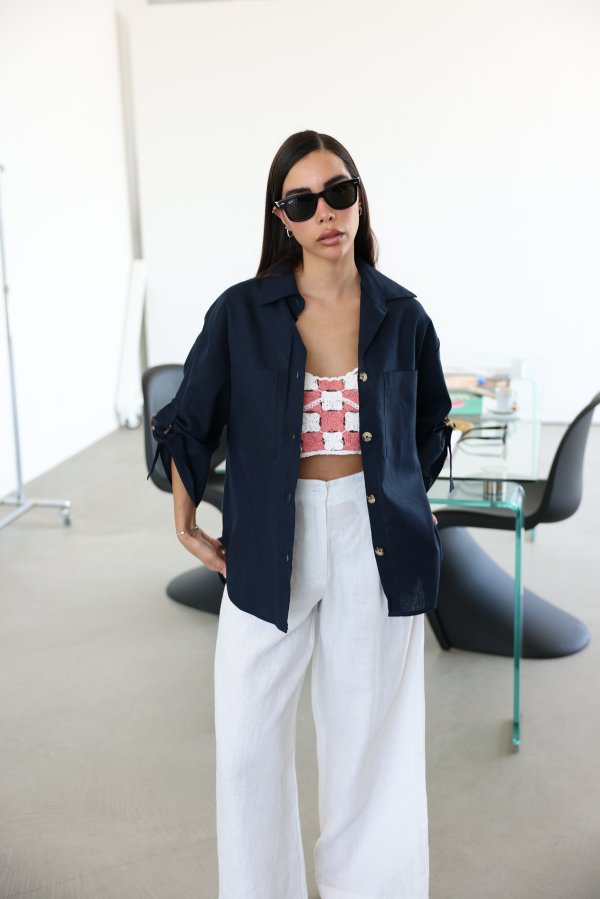 %100 Keten Oversize Kolları Kemer Detaylı Gömlek