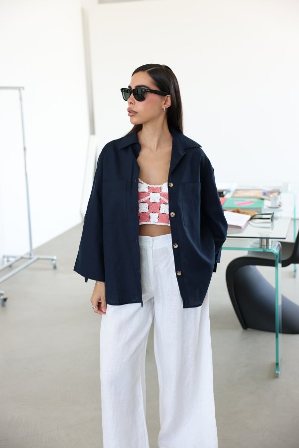 %100 Keten Oversize Kolları Kemer Detaylı Gömlek