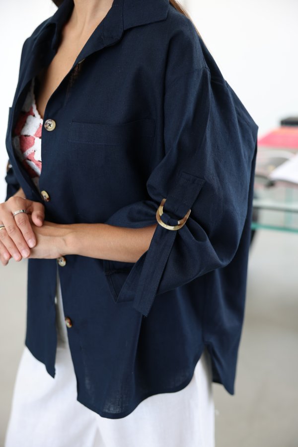 %100 Keten Oversize Kolları Kemer Detaylı Gömlek