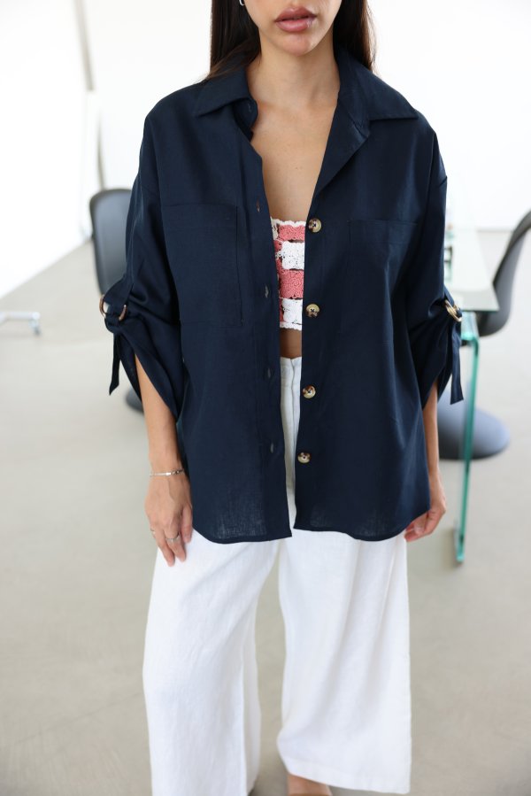 %100 Keten Oversize Kolları Kemer Detaylı Gömlek