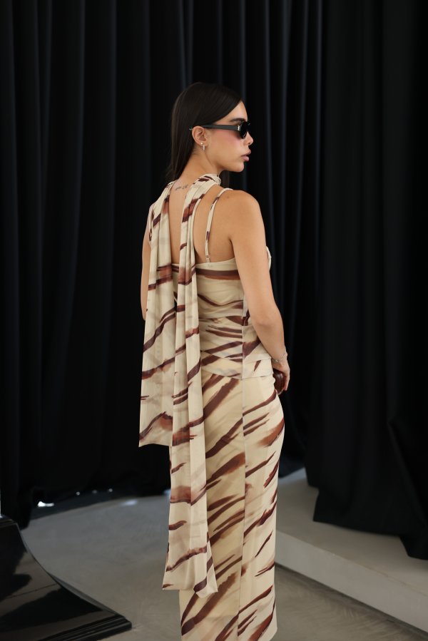 İp Askılı Kendinden Kuşaklı Desenli Elbise