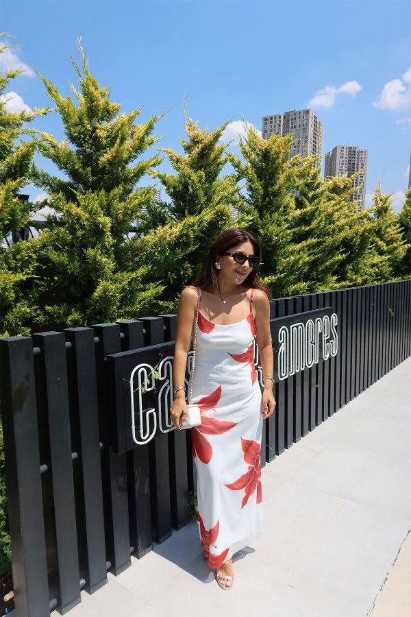 İp Askılı Çiçek Desenli Üzeri Tül Elbise