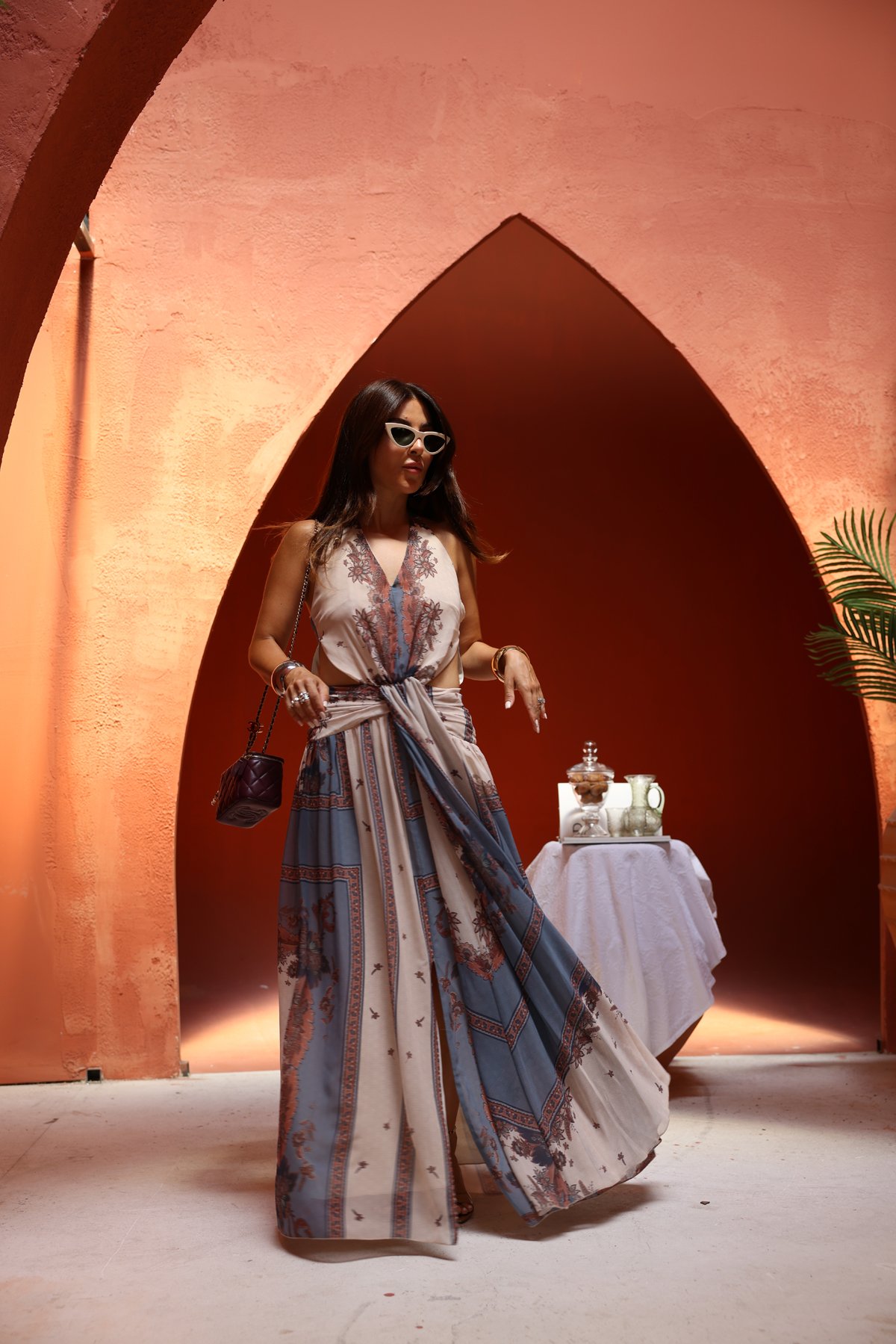 Pencere Detaylı Desenli Şifon Elbise